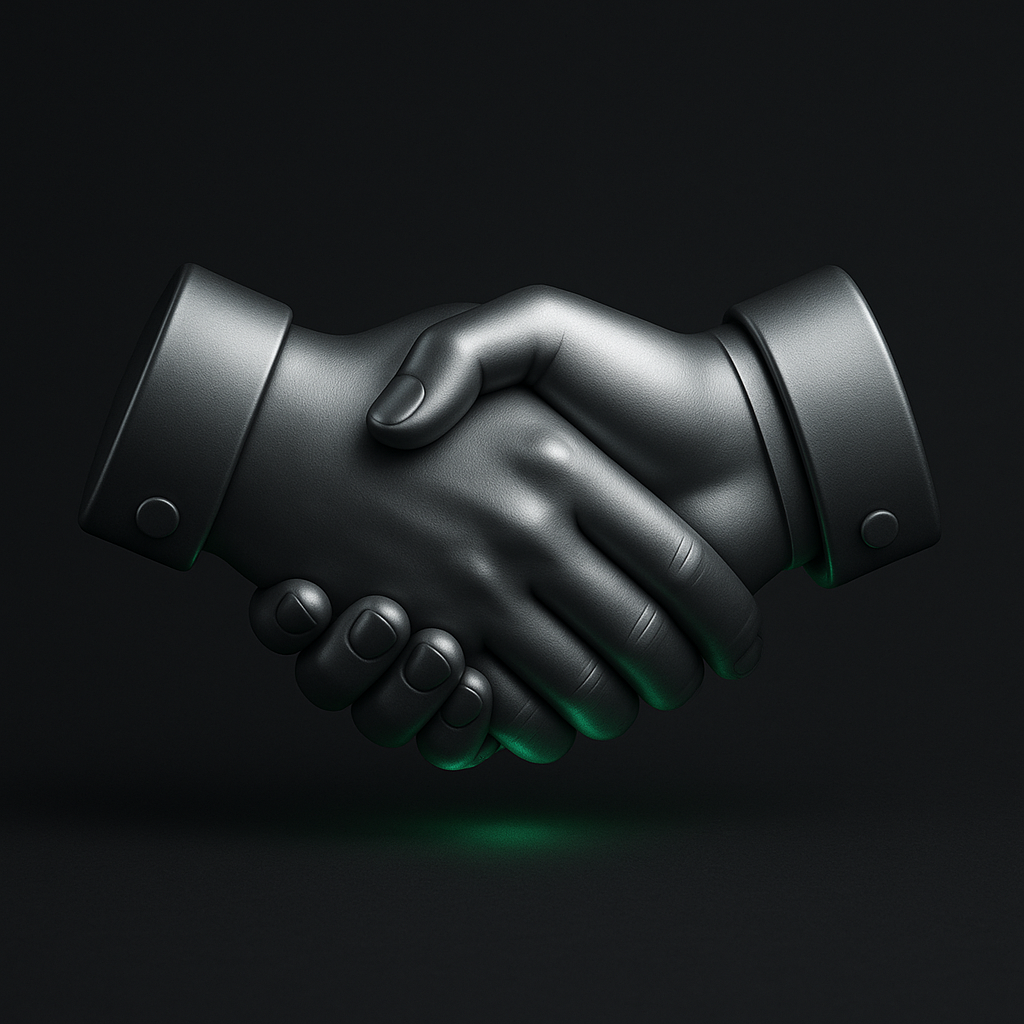 Metaliczne dłonie w uścisku — symbol współpracy i partnerstwa z 3DF Studio w zakresie druku 3D