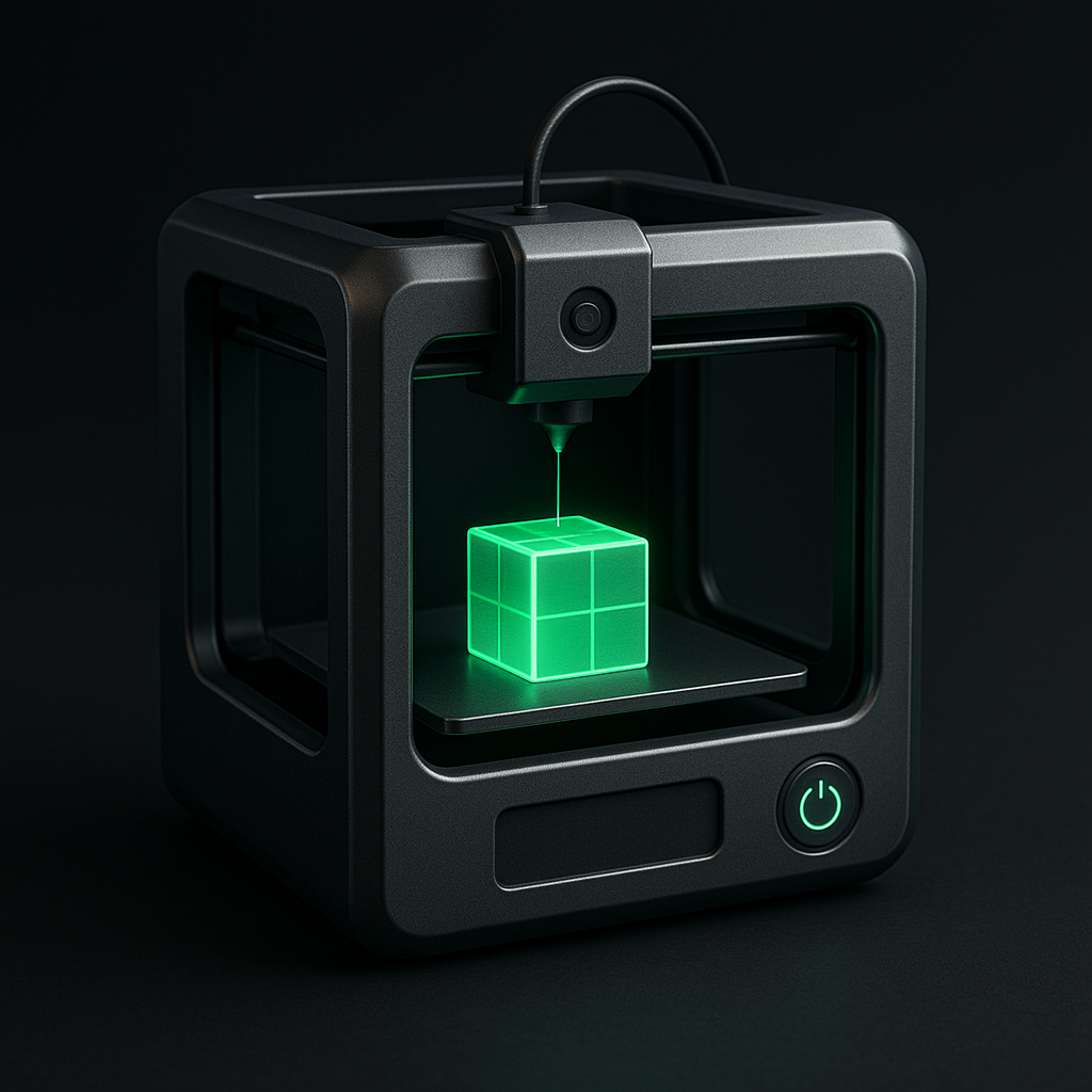 Ikona drukarki 3D drukującej świecący zielony sześcian — druk 3D z pliku STL w 3DF Studio