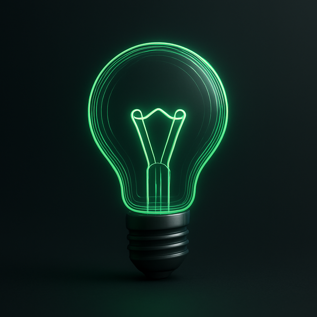 Zielona świecąca żarówka symbolizująca kreatywne pomysły i innowacyjne projekty 3DF Studio